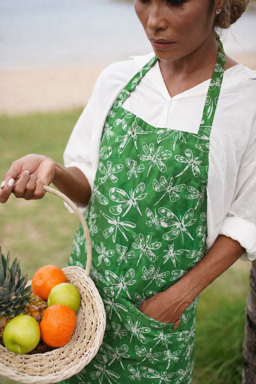 white green dragonfly batik apron white green dragonfly batik apron