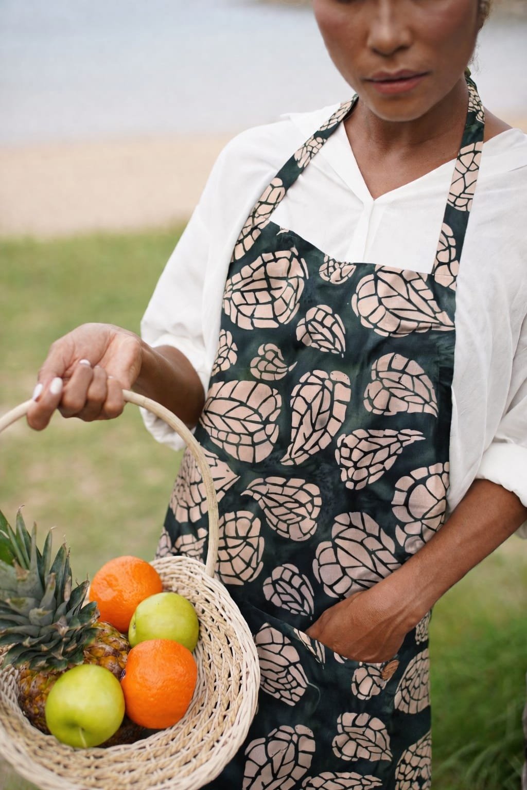 white leaf green base batik apron white leaf green base batik apron